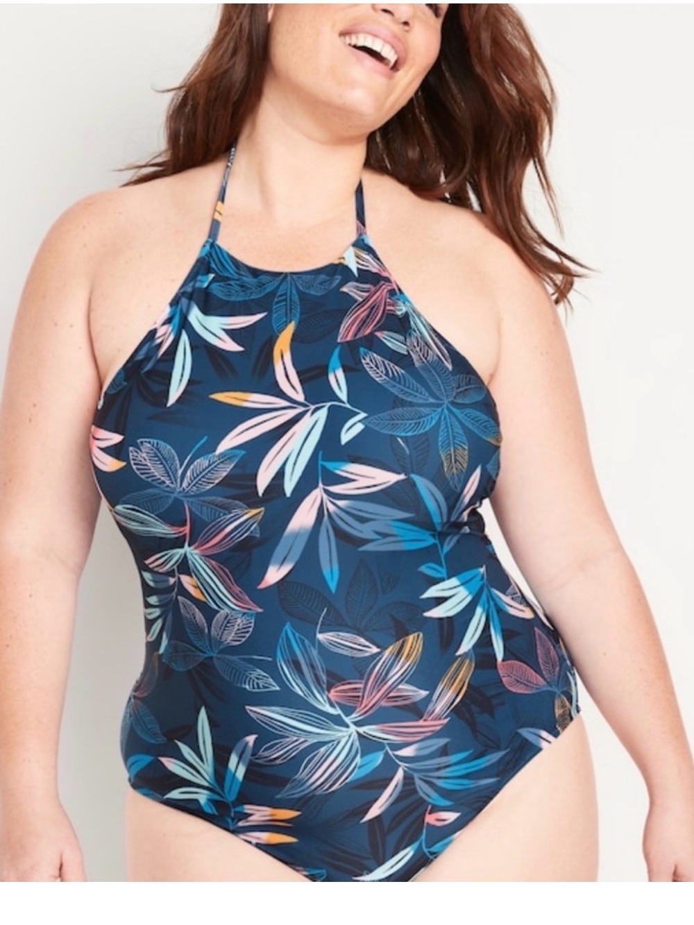 Old Navy Navy Floral Halter One-Piece Swimsuit with Multicolor Leaf Print